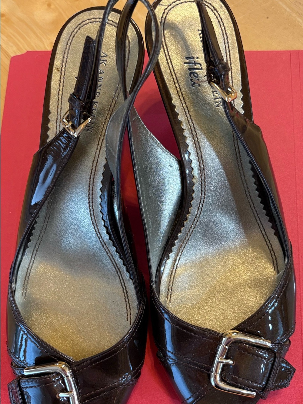Anne Klein Brown Patent Slingback Mules with Buckle